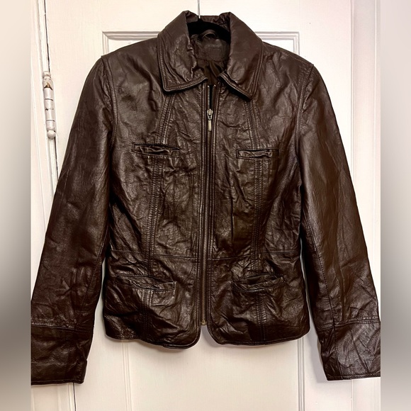 OOAK Vintage Brown Genuine Leather Jacket with Hand Painted Sunflower - Picture 1 of 2